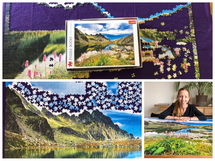 Process of completing a puzzle of a mountain scene