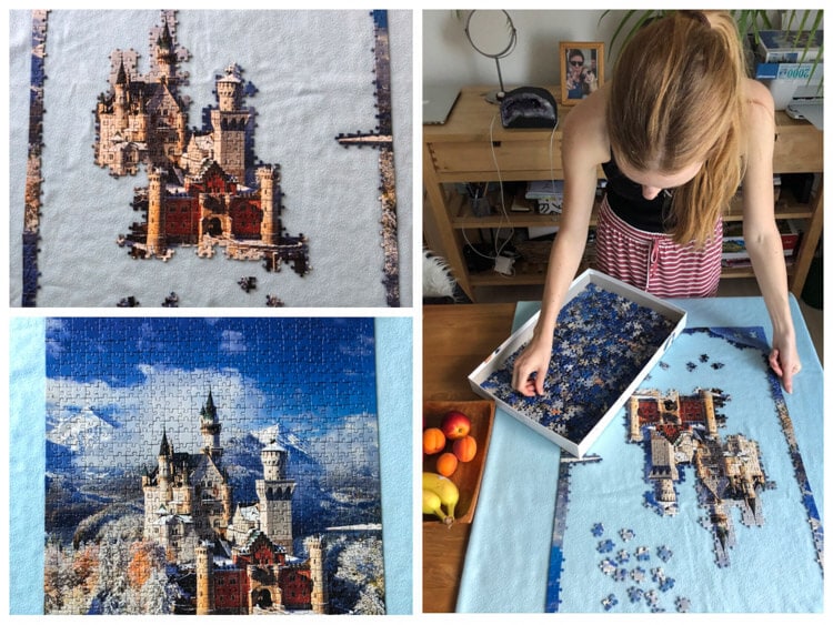 Gradual finishing of a puzzle of Neuschwanstein Castle in Germany