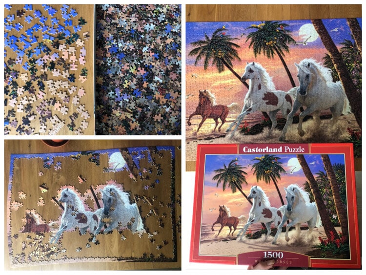 Solving a jigsaw puzzle of horses on a beach