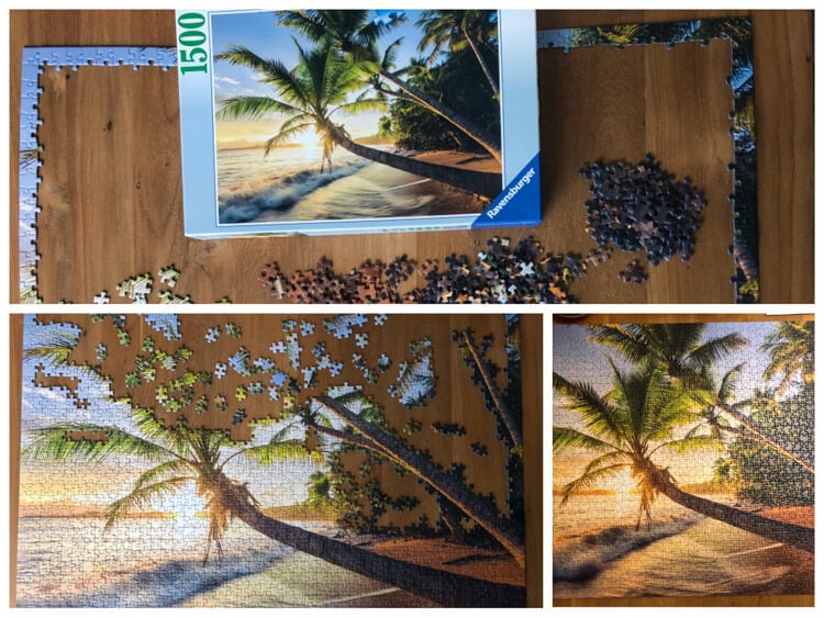 Working on a puzzle of a beach scene