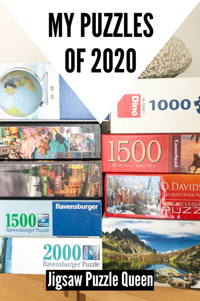 Stack of jigsaw puzzle boxes with text overlay: My Puzzles of 2020