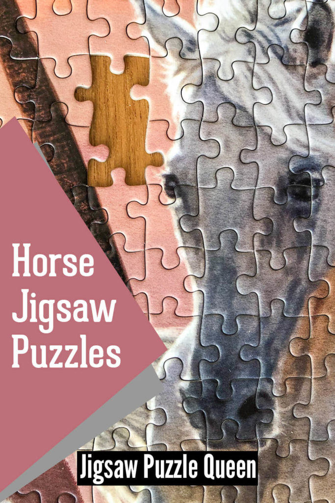 a closeup of a horse puzzle with a text overlay: Horse Jigsaw Puzzles