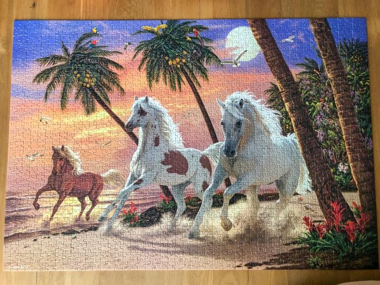 A finished jigsaw puzzle featuring horses on a beach