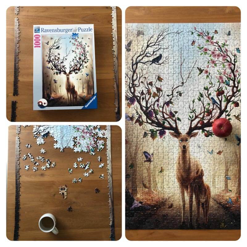 A collage of a jigsaw puzzle depicting a deer