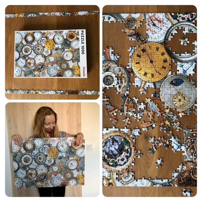 Collage of a puzzle featuring clocks