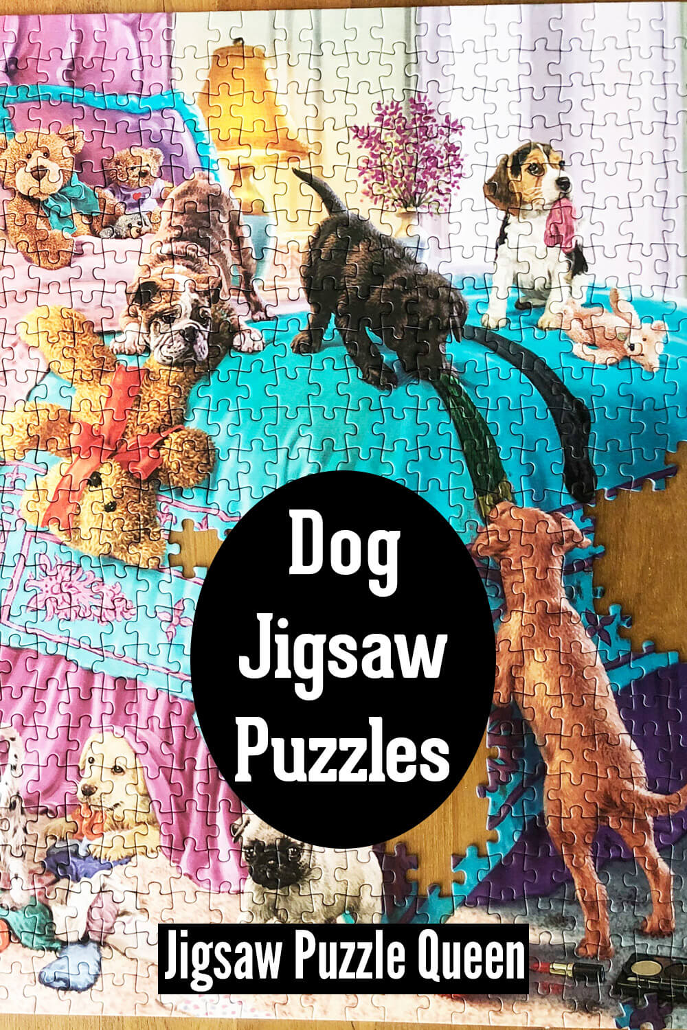 a half finished puzzle of puppies with a text overlay: Dog Jigsaw Puzzles