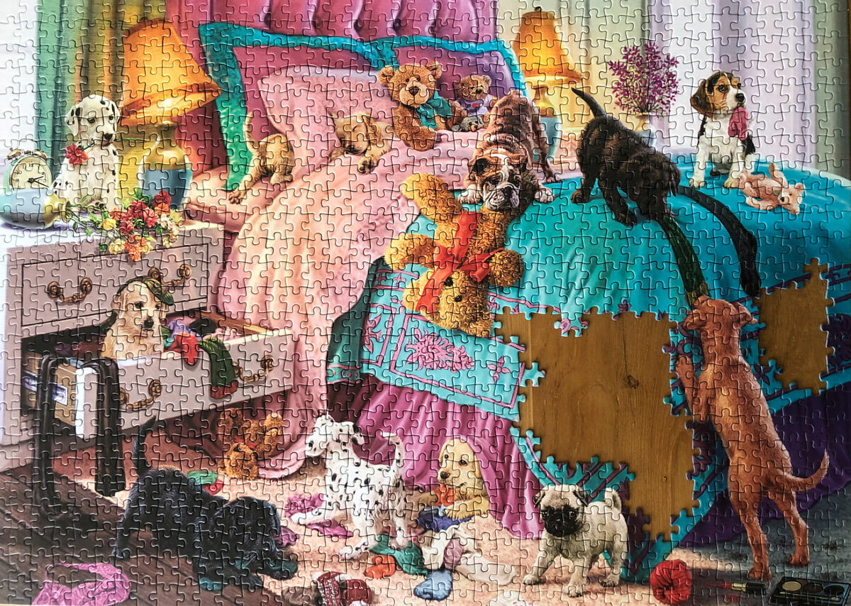 a half-finished dog jigsaw puzzle