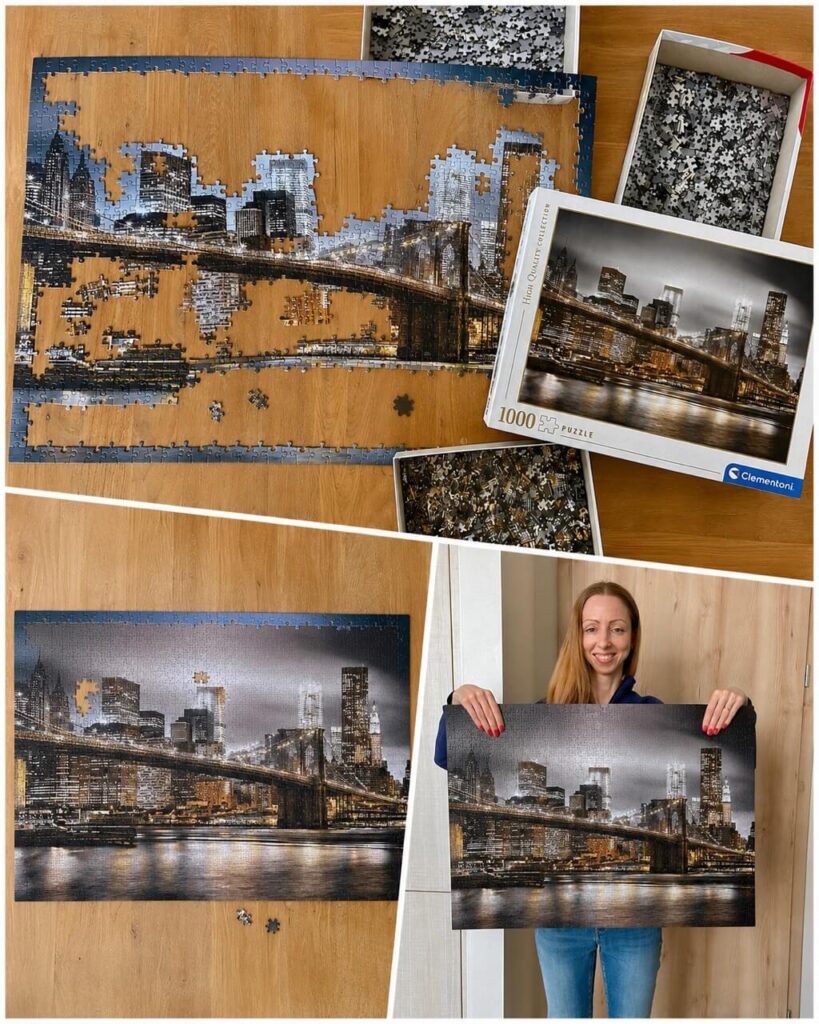 A collage documents a nighttime Brooklyn Bridge jigsaw puzzle during assembly and after completion. A smiling woman holds the finished cityscape puzzle while two loose pieces remain below another completed view.