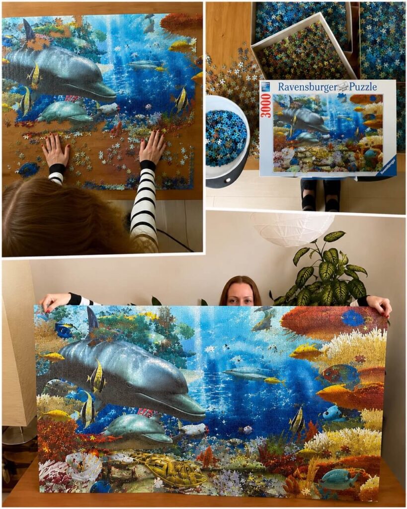 A collage follows a 3000 piece underwater jigsaw puzzle from active assembly to its completed ocean scene. A woman holds the finished puzzle filled with dolphins. Tropical fish. Coral. Sea turtles. And rays.