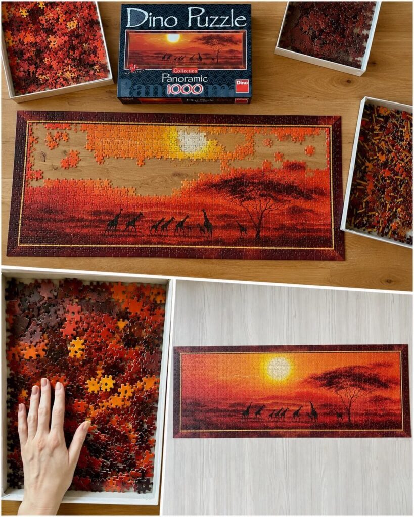 A collage shows the progress and completion of a panoramic jigsaw puzzle with giraffes crossing an orange African sunset. Trays of red and brown pieces surround the unfinished puzzle before the completed scene is displayed below.